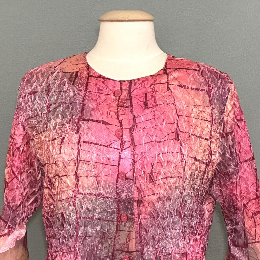 Jerry T Womens Top L Pink Colorful Crinkle Abstract Smocked Tunic Boho‎ Artsy - Picture 3 of 11